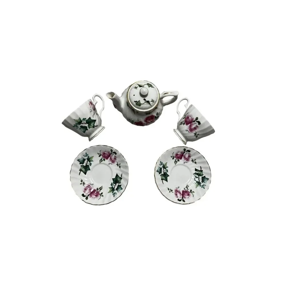 Pink Roses Ivy Matching Tea Set Crown Dorset Teapot Teacups Saucers Gold Trim